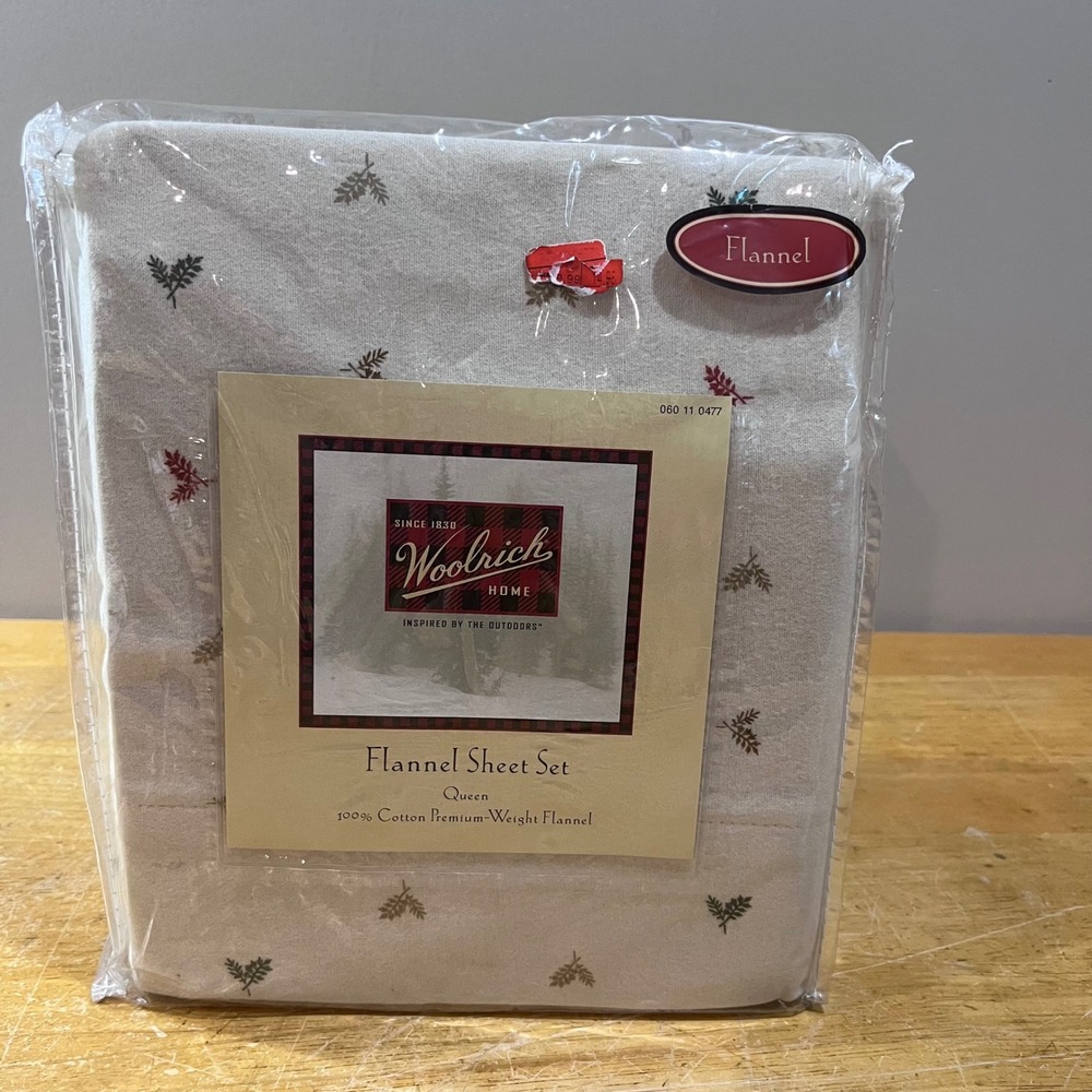 Vtg 2004 Woolrich Home Queen Flannel Sheet Set Cotton Leaf Print Cabincore Beige